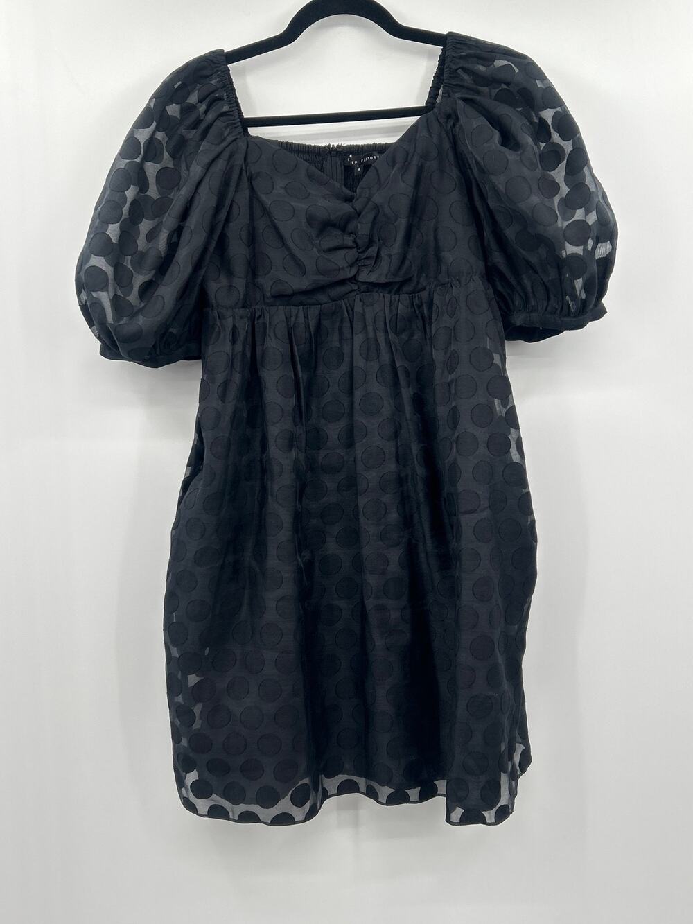 English Factory Black Swiss Dot Puff Sleeve Babydoll Mini Dress Med LBD Romantic